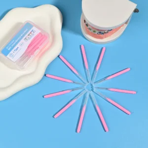 I-type interdental brushes in individual plastic cases, color-coded sizes for dental hygiene, OEM B2B interdental brush packaging for clinics and distributors