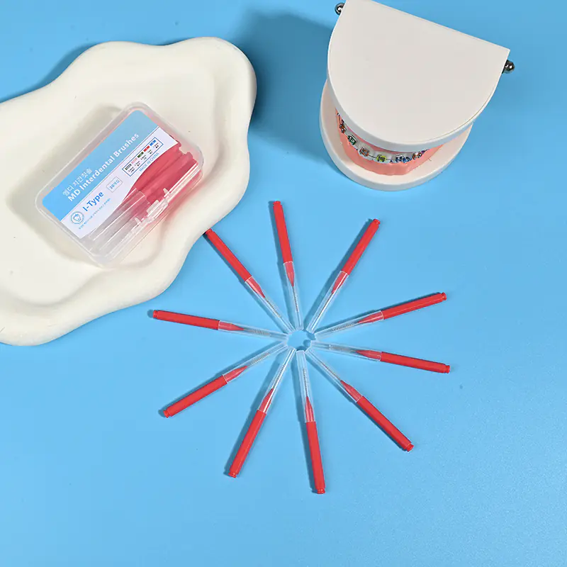 I-type interdental brushes in individual plastic cases, color-coded sizes for dental hygiene, OEM B2B interdental brush packaging for clinics and distributors
