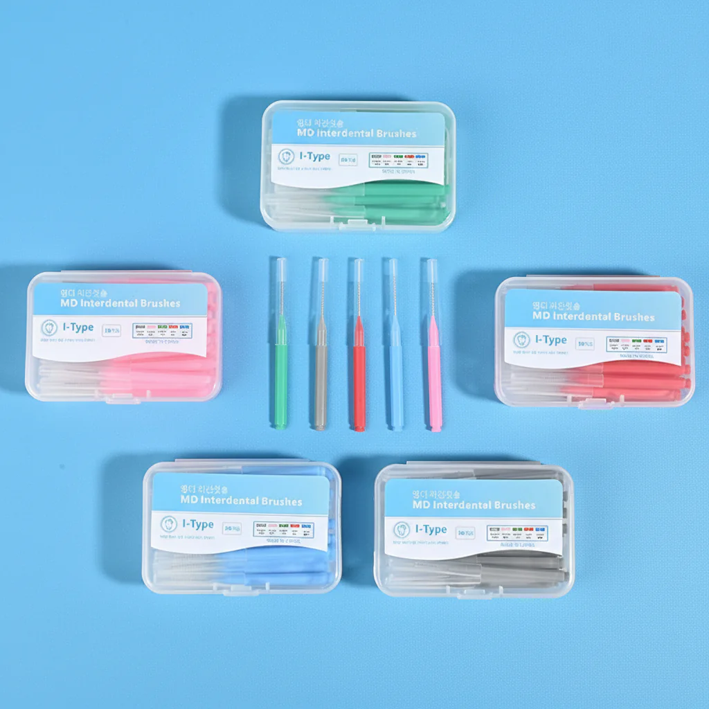 I-type interdental brushes in individual plastic cases, color-coded sizes for dental hygiene, OEM B2B interdental brush packaging for clinics and distributors
