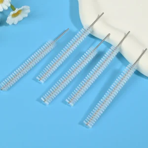 Medical device cleaning brush heads with stainless steel twisted wire and soft nylon bristles, designed for thorough cleaning of narrow channels, tubes, and internal lumens, ideal for B2B medical, dental, and laboratory equipment cleaning use.