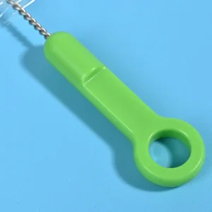 Medical device cleaning brush with stainless steel twisted wire and nylon bristles, featuring an ergonomic green handle for precise cleaning of tubes and medical instruments, suitable for B2B wholesale supply.
