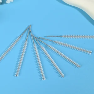 Medical device cleaning brush heads with stainless steel twisted wire and soft nylon bristles, designed for thorough cleaning of narrow channels, tubes, and internal lumens, ideal for B2B medical, dental, and laboratory equipment cleaning use.