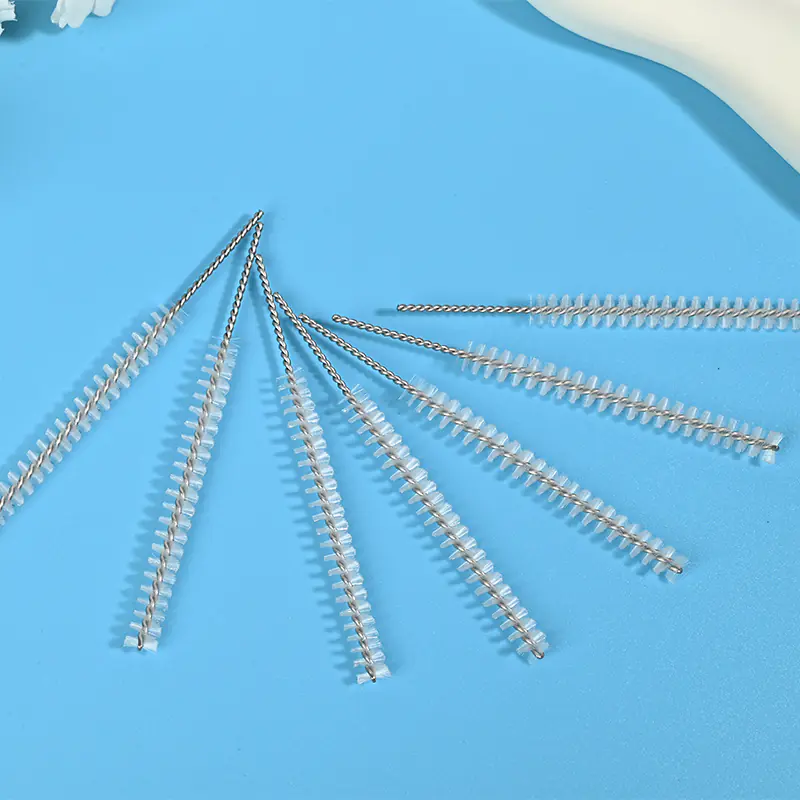 Medical device cleaning brush heads with stainless steel twisted wire and soft nylon bristles, designed for thorough cleaning of narrow channels, tubes, and internal lumens, ideal for B2B medical, dental, and laboratory equipment cleaning use. Medical device cleaning brush heads with stainless steel twisted wire and soft nylon bristles, designed for thorough cleaning of narrow channels, tubes, and internal lumens, ideal for B2B medical, dental, and laboratory equipment cleaning use.