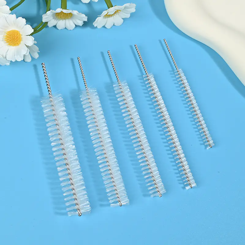 Medical device cleaning brush heads with stainless steel twisted wire and soft nylon bristles, designed for thorough cleaning of narrow channels, tubes, and internal lumens, ideal for B2B medical, dental, and laboratory equipment cleaning use.