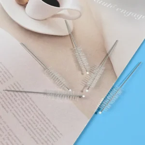 Medical device cleaning brush heads with stainless steel twisted wire and soft nylon bristles, designed for thorough cleaning of narrow channels, tubes, and internal lumens, ideal for B2B medical, dental, and laboratory equipment cleaning use.