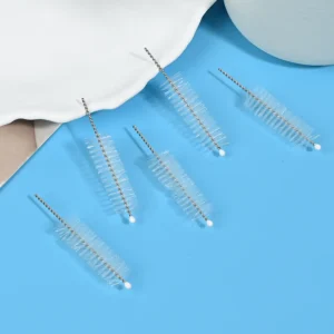 Medical device cleaning brush heads with stainless steel twisted wire and soft nylon bristles, designed for thorough cleaning of narrow channels, tubes, and internal lumens, ideal for B2B medical, dental, and laboratory equipment cleaning use.