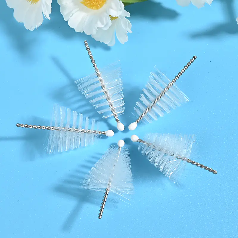 Medical device cleaning brush heads with stainless steel twisted wire and soft nylon bristles, designed for precise cleaning of medical instruments, B2B OEM wholesale supply.