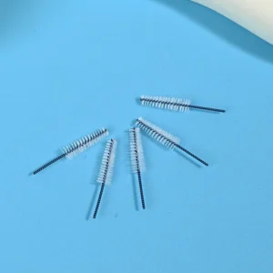 Blue coated wire interdental brush heads with nylon bristles for dental oral care, precision cleaning, and B2B wholesale supply