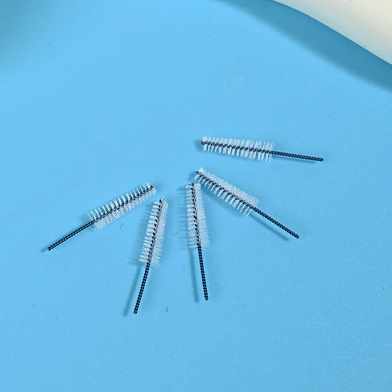 Blue coated wire interdental brush heads with nylon bristles for dental oral care, precision cleaning, and B2B wholesale supply