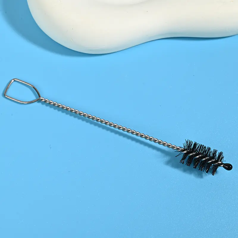 Medical device cleaning brush with stainless steel twisted wire handle and durable nylon bristles for precise internal channel cleaning