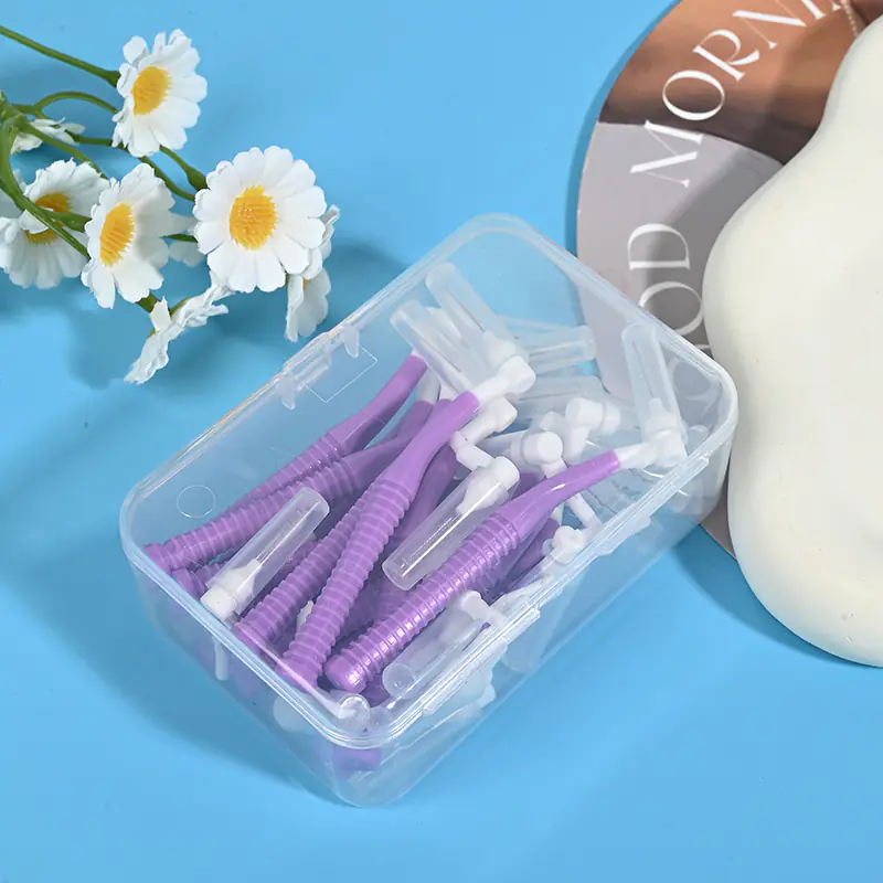 purple L-type interdental brushes in closed clear storage box for wholesale dental supplies