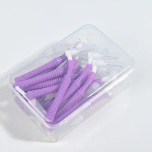 top view bulk purple L-type interdental brushes in clear storage box