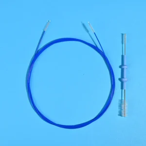 blue endoscope cleaning brush with separate large and fine brush heads