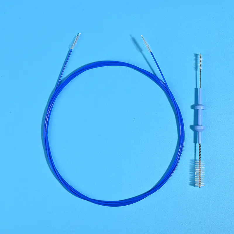 blue endoscope cleaning brush with separate large and fine brush heads