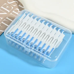 top view bulk pack blue silicone interdental brushes in clear storage box