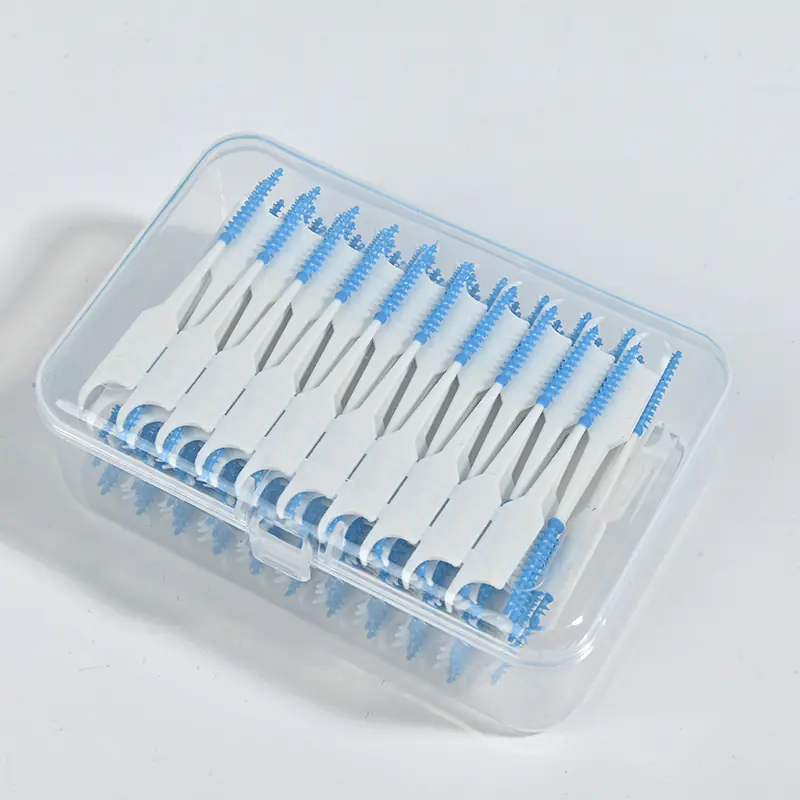 blue silicone interdental brushes in closed clear storage box for wholesale dental care