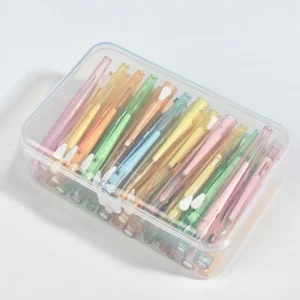 top view bulk multi-color retractable interdental brushes in clear storage box