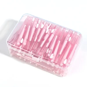 top view bulk pack retractable pink interdental brushes in clear storage box