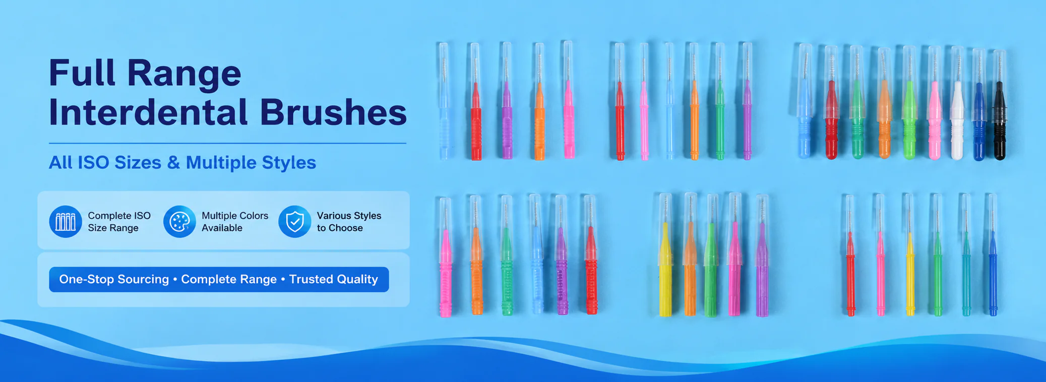 full range interdental brushes with all ISO sizes, multiple colors and styles for wholesale oral care