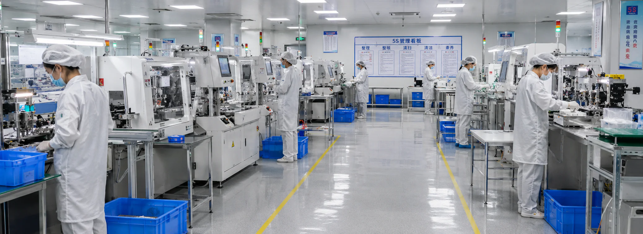 ljs brush clean oral care products manufacturing factory workshop with automated production line and workers in cleanroom