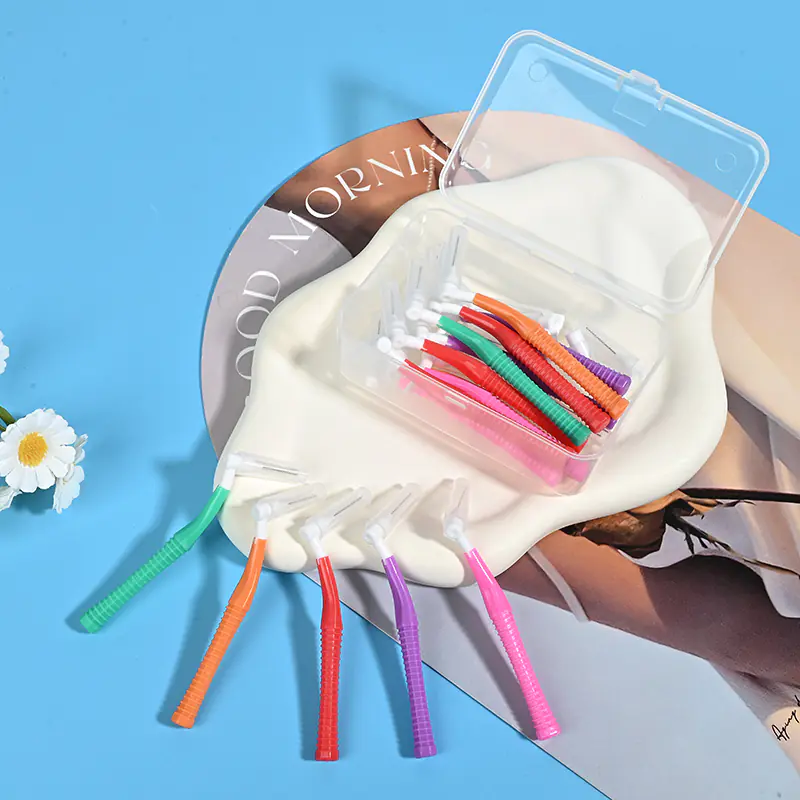 open clear box of multi-angle colorful L-type interdental brushes with loose samples