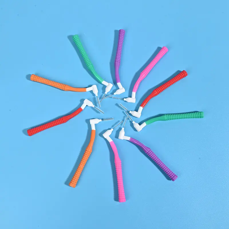 star arranged multi-angle colorful L-type interdental brushes showing extended bristles