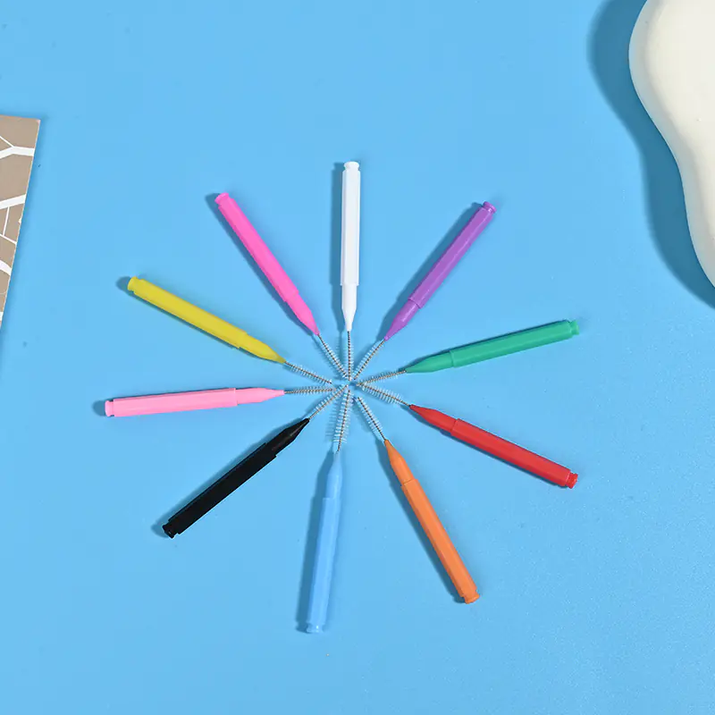 star-arranged multi-color i-type interdental brushes showing bristles and handles