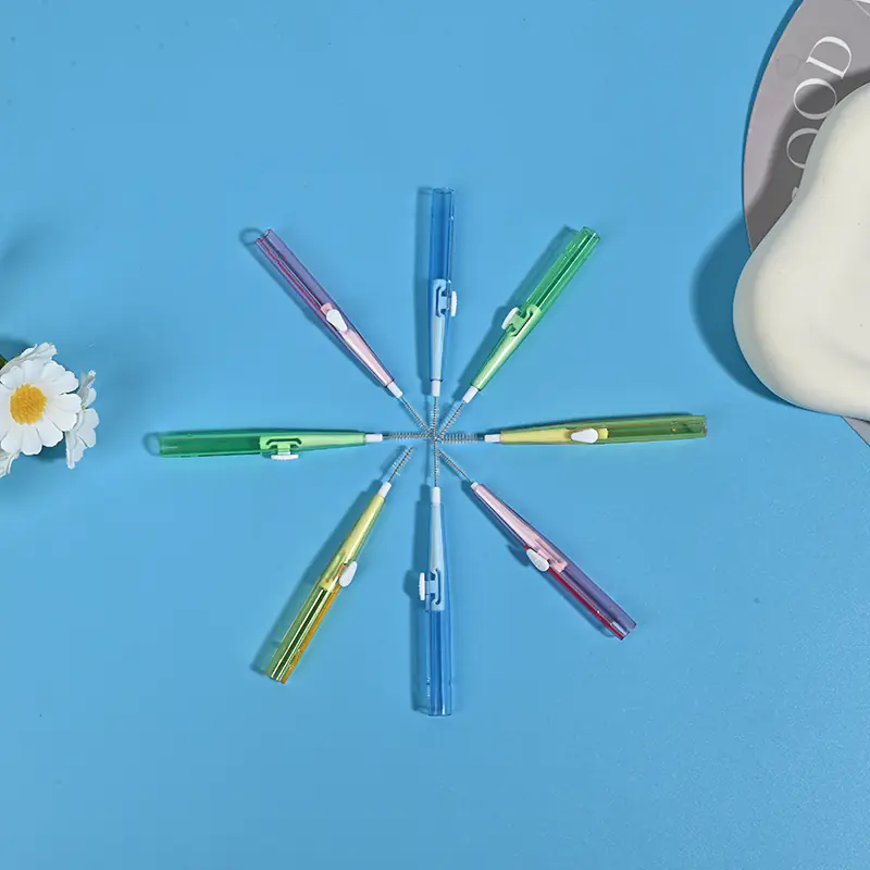 star arranged multi-color retractable interdental brushes showing extended bristles