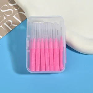 pink i-type interdental brushes in closed clear storage box for wholesale dental supplies