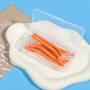 Portable L-shaped interdental brush set in plastic storage box for dental hygiene, orthodontic cleaning, and B2B oral care supply