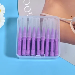purple interdental brushes in closed clear storage box for bulk wholesale distribution