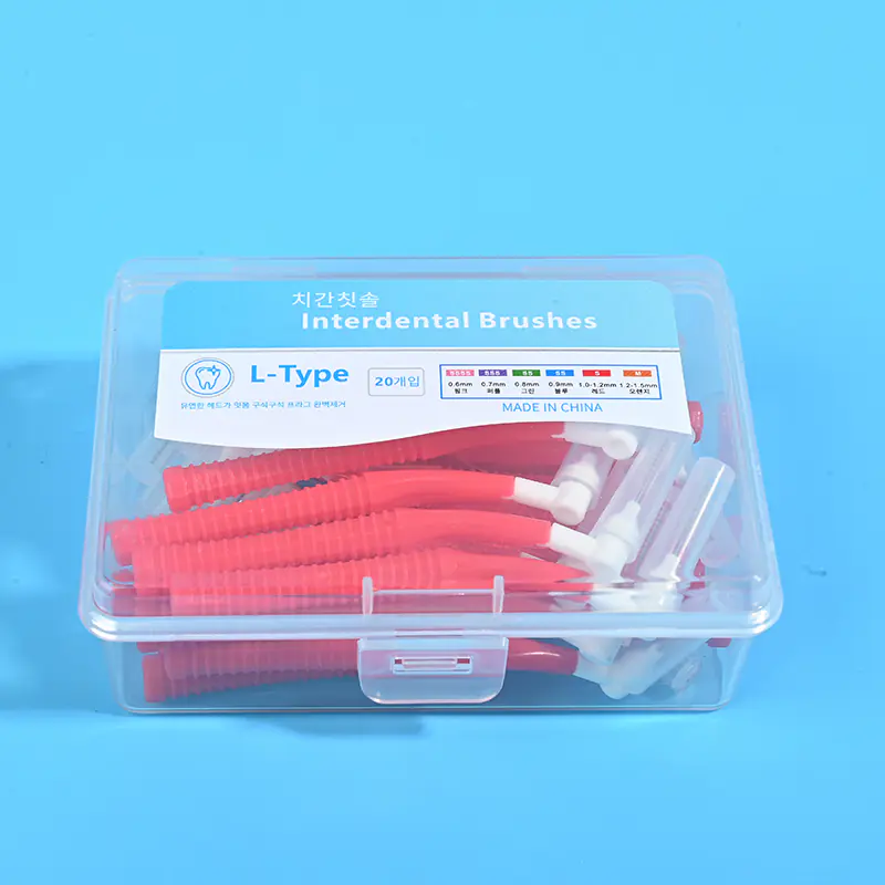 red l-type interdental brushes in clear plastic box, orthodontic cleaning