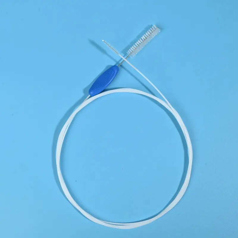 white dual-ended endoscope cleaning brush with blue ergonomic handle