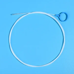white endoscope cleaning brush with blue loop handle for easy hanging