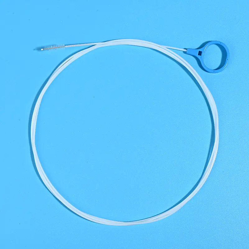 white endoscope cleaning brush with blue loop handle for easy hanging