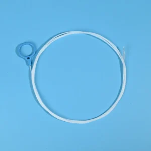 white endoscope cleaning brush with blue loop handle for easy hanging and use