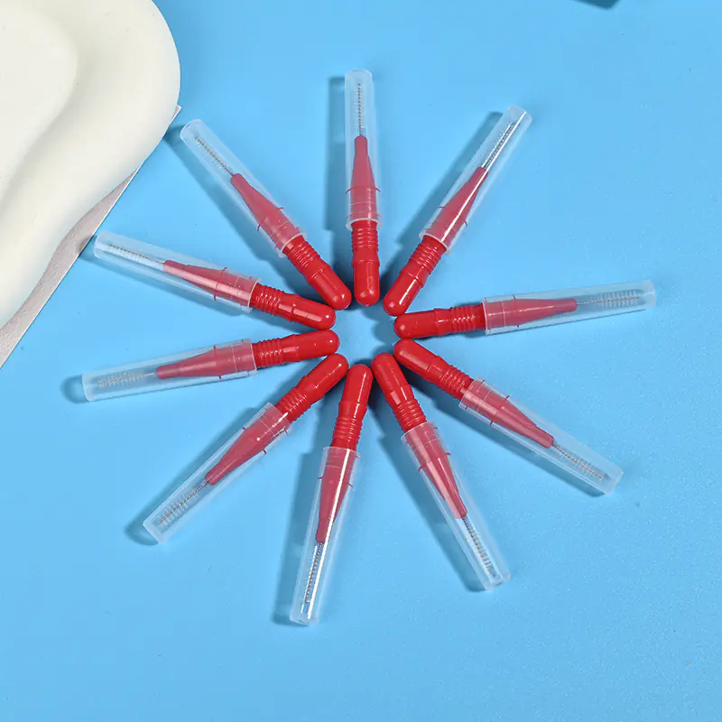 Bulk red single tuft interdental brushes with protective caps, professional oral care hygiene picks for wholesale dental supply distributors