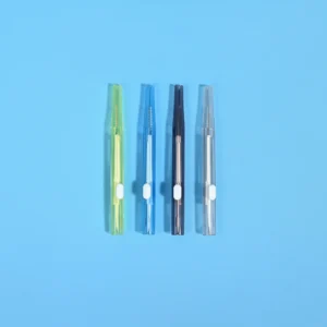 Four assorted translucent color sliding I-type interdental cleaners lined vertically on solid bright blue background