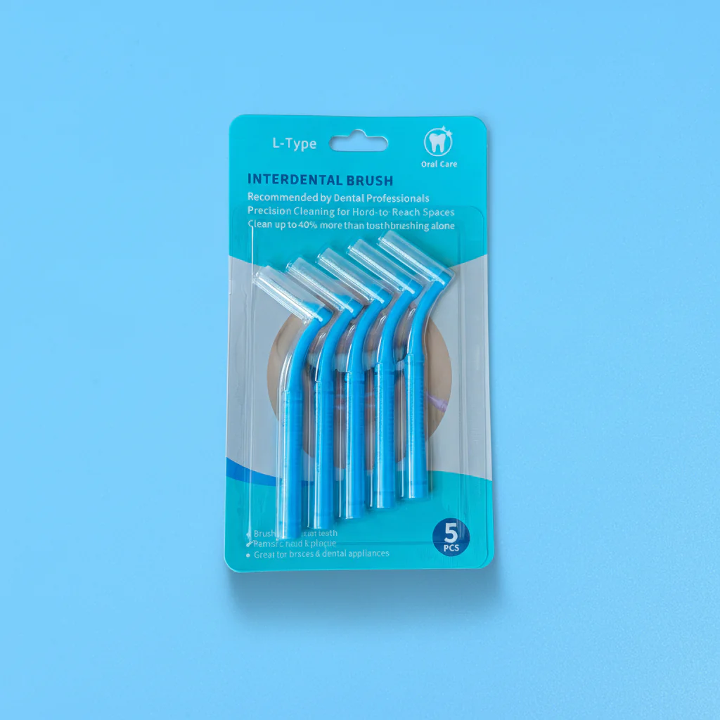 5 pieces blue L-type angled interdental brushes in blister card retail packaging on blue background, shelf-ready dental packs factory wholesale from Qingdao factory