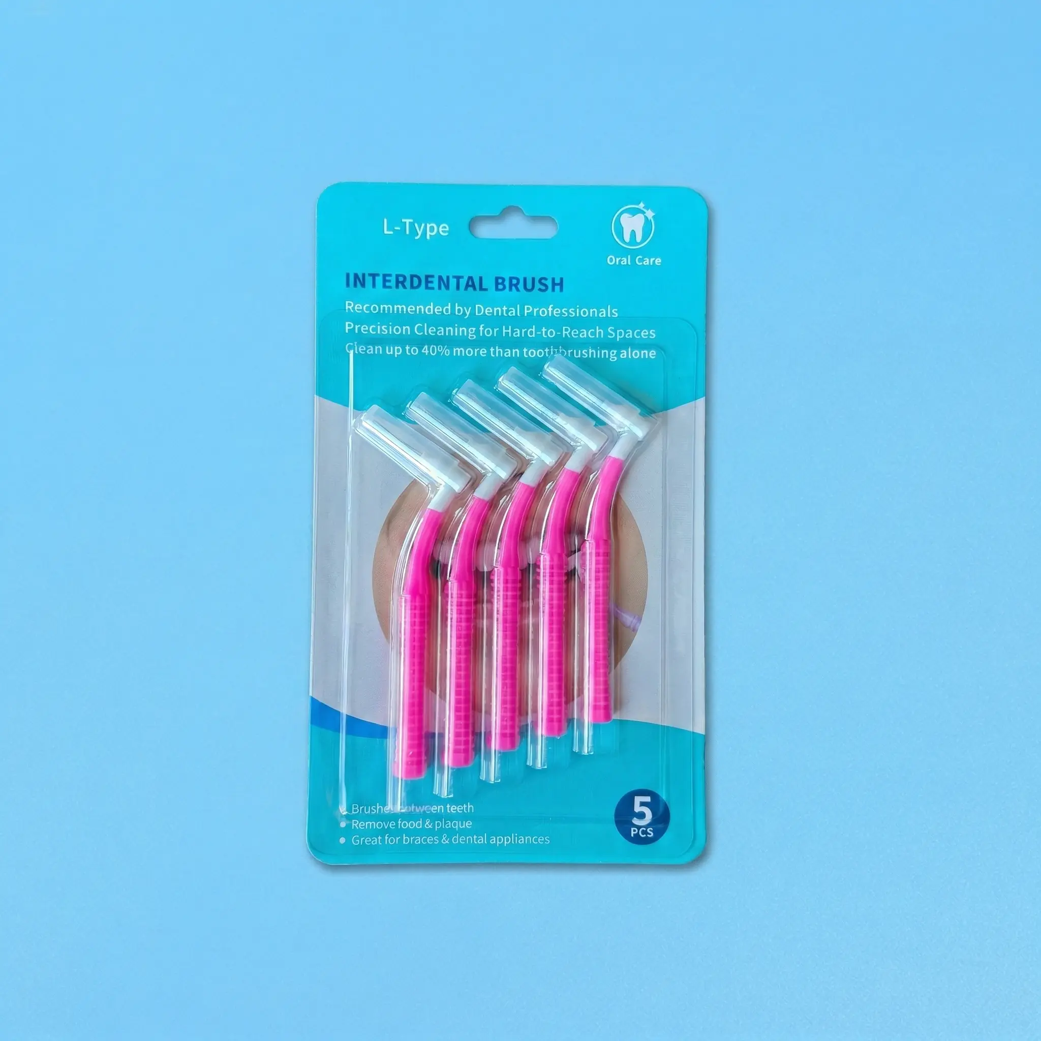 5 pieces pink L-type angled interdental brushes blister packed on blue background, shelf-ready retail dental packs factory wholesale
