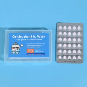 60 counts white individually blister packed orthodontic wax with storage plastic box on light blue background, food grade bracket relief dental wax wholesale from Qingdao factory
