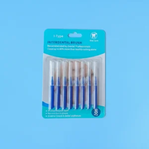 8 pieces blue I-type interdental brushes in blister card packaging on blue background, retail ready dental packs wholesale from Qingdao factory