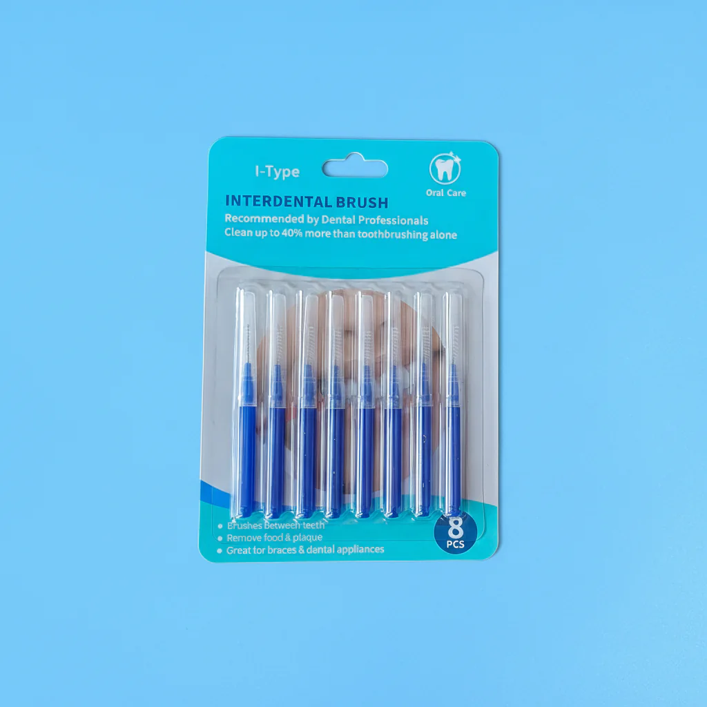 8 pieces blue I-type interdental brushes in blister card packaging on blue background, retail ready dental packs wholesale from Qingdao factory