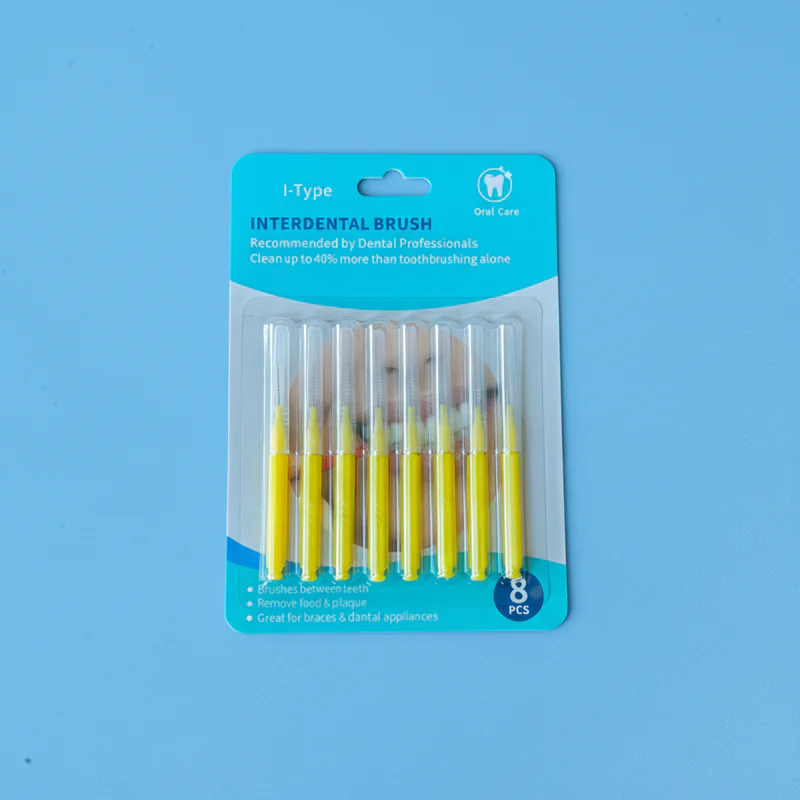 8 pieces yellow I-type interdental brushes in blister card packaging on blue background, retail ready dental packs wholesale from Qingdao factory