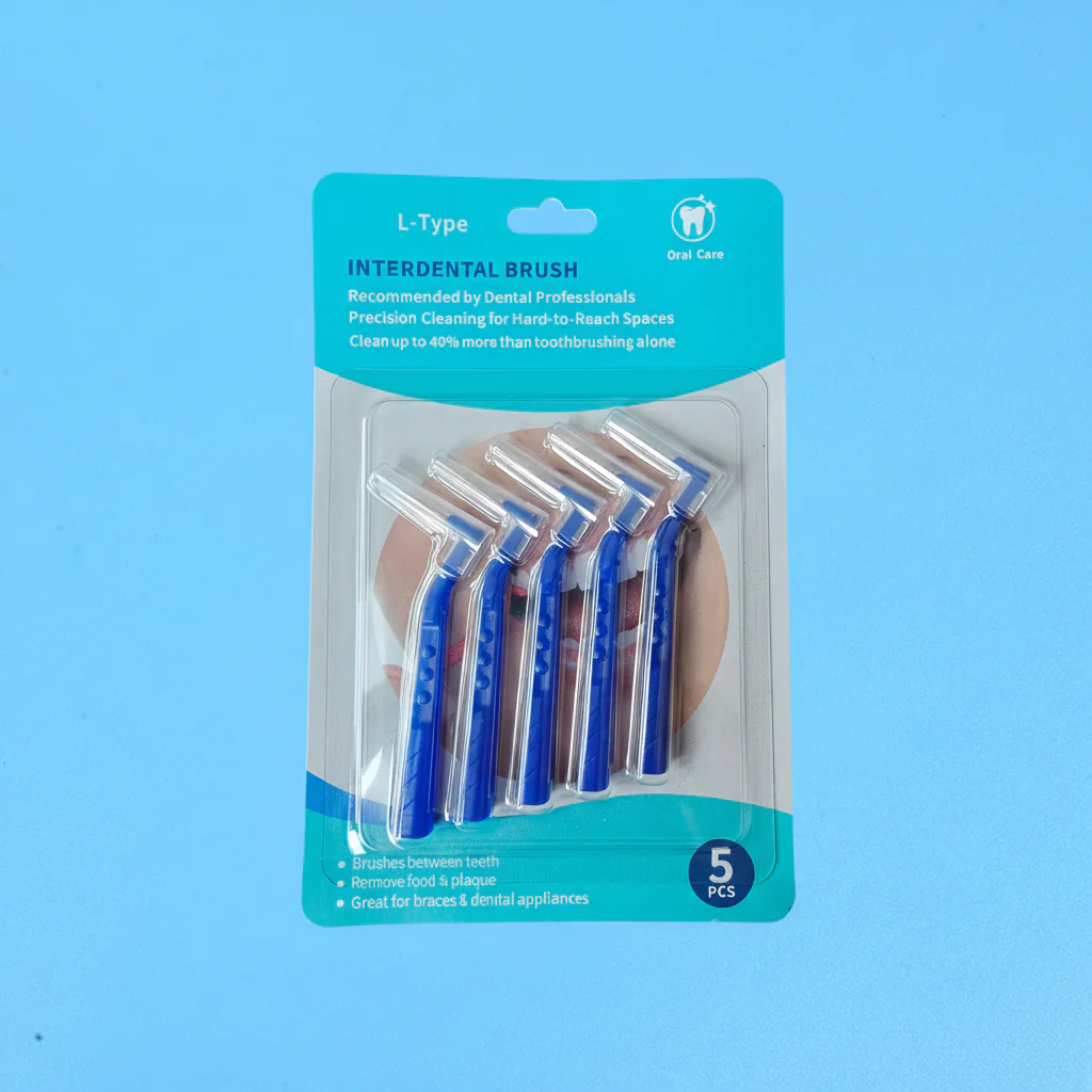 5pcs blue fixed L-curved interdental brushes packed in printed English paper blister retail hang card on solid light blue background