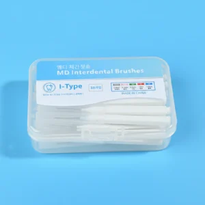 Packaged I-type MD interdental brushes with clear plastic storage box on plain white background, 30-count disposable teeth gap cleaning brushes for B2B dental wholesale