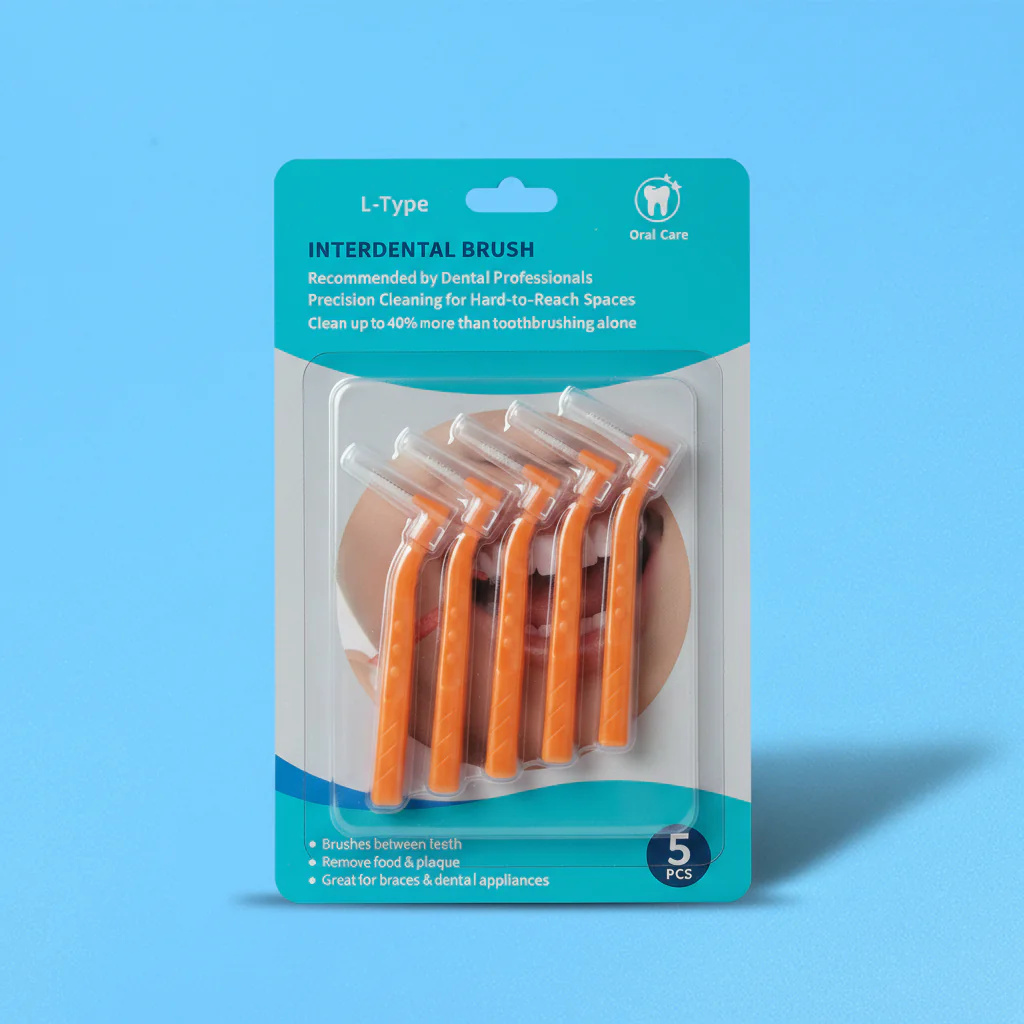 5pcs orange fixed L-curved interdental brushes packed in printed English paper blister retail hang card on solid light blue background