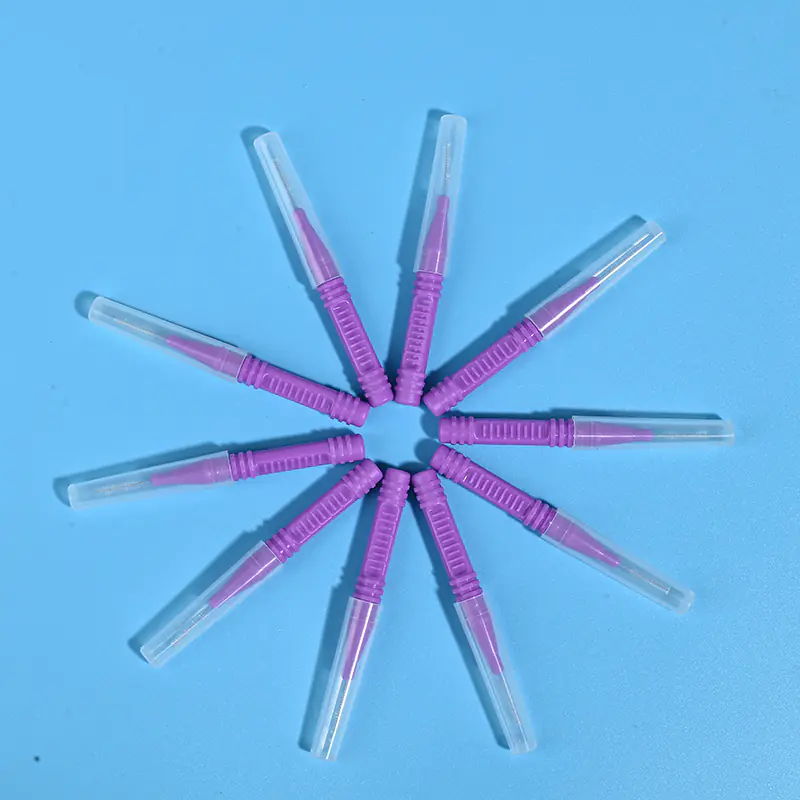 Purple I-type interdental brushes with protective caps arranged in star shape, wholesale dental cleaning tools from Qingdao factory
