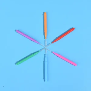 Six colorful push pull telescopic I-type interdental brushes arranged radial star shape on solid light blue background