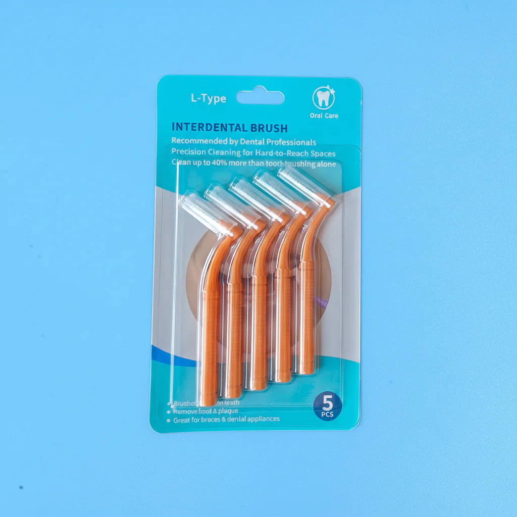5 pieces orange L-type angled interdental brushes in blister card retail packaging on blue background, shelf-ready dental packs factory wholesale from Qingdao factory